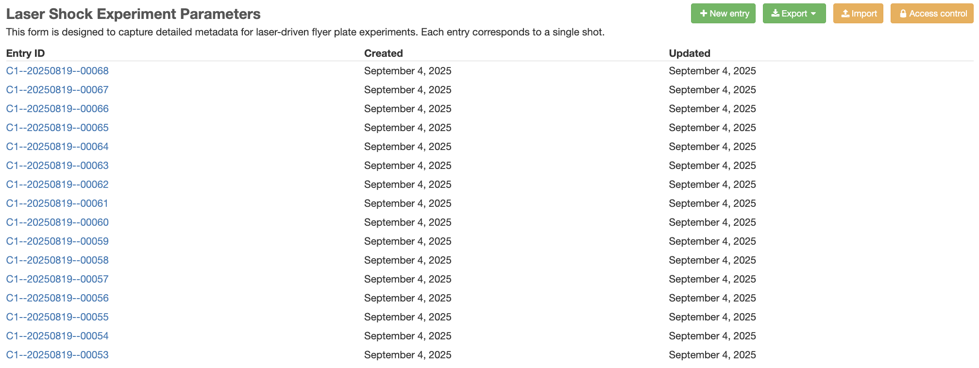 Laser Shock Experiment Form on Data Portal